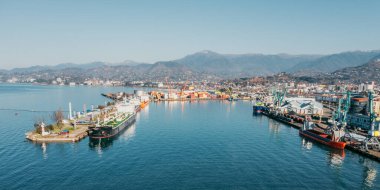 Kargo gemileri, petrol tankerleri ve dağlara karşı endüstriyel vinçleri olan liman. Uluslararası ticaret, nakliye ve konteynır lojistiği için kullanılan ticari liman. İthalat-ihracat endüstrisi.