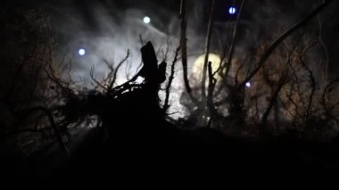 Ürkütücü karanlık manzara, sisli bir gecede bataklıktaki ağaç siluetlerini gösteriyor. Ateşin içindeki gizemli orman ve dramatik bulutlu gece gökyüzü.