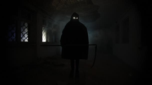 Смерть Косой Стоящей Темном Зале Силуэт Ужаса Внутри Разрушенного Здания — стоковое видео