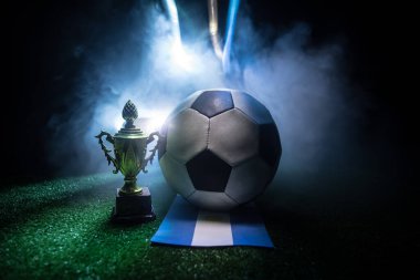 Futbol 2022. Büyük Arjantin Fransa 'ya Karşı teması. Yeşil çimlerin üzerinde futbol topu. Ülkenizi destekleyin ya da tezahürat yapın. Seçici odak