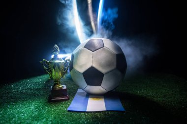 Futbol 2022. Büyük Arjantin Fransa 'ya Karşı teması. Yeşil çimlerin üzerinde futbol topu. Ülkenizi destekleyin ya da tezahürat yapın. Seçici odak