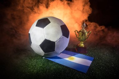 Futbol 2022. Büyük Arjantin Fransa 'ya Karşı teması. Yeşil çimlerin üzerinde futbol topu. Ülkenizi destekleyin ya da tezahürat yapın. Seçici odak