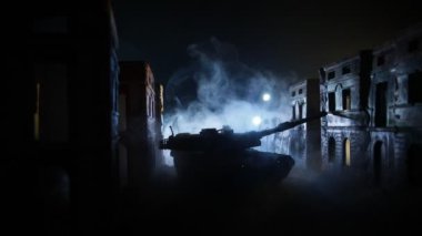 War Concept. Military silhouettes fighting scene on war fog sky background, World War Soldiers Silhouette Below Cloudy Skyline At night. Armored vehicles fight scene. Selective focus
