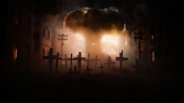 Yaratıcı sanat dekorasyonu, Ukrayna 'da Rus savaşı. Nükleer bomba ve insanların devasa patlaması. Seçici odak