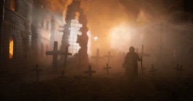 Nuclear, war apocalypse concept. Explosion of nuclear bomb in city. Cemetery on ruined city street. Creative artwork decoration in dark. Selective focus