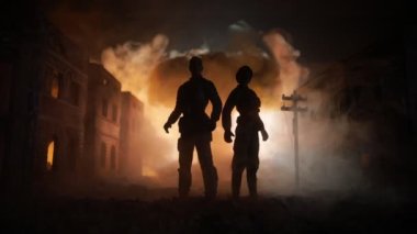 Nuclear war apocalypse and love concept. Romantic couple during atomic war. Creative artwork decoration in dark. Selective focus 