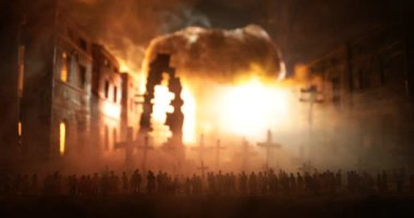 Yaratıcı sanat dekorasyonu, Ukrayna 'da Rus savaşı. Nükleer bomba ve insanların devasa patlaması. Seçici odak