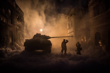 War apocalypse concept. Snow covered ruined city destroyed by war. Creative artwork decoration in dark. Selective focus