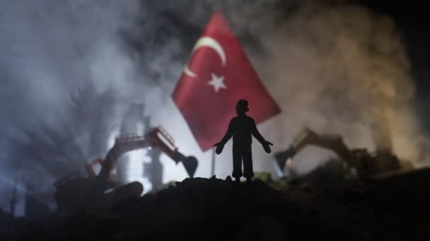 Землетрясение Турции Произошло Феврале 2023 Года Декоративная Фотография Турецким Флагом — стоковое видео