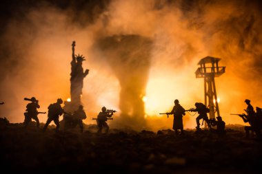 Conceptual image of war between Democracy and dictatorship using toy soldiers. Battle in ruined city. Selective focus