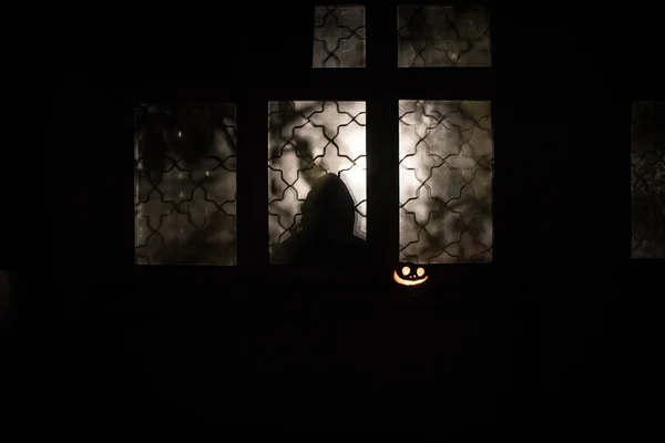 Страшний Гарбуз Хелловін Вікні Містичного Будинку Вночі Або Гарбуз Хелловін — стокове фото