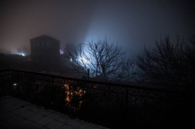 Geceleri ormanda bir hayaletin olduğu eski bir ev ya da sis içinde terk edilmiş bir korku evi. Ölü ağaç ormanındaki eski mistik bina. Geceleri aylı ağaçlar. Gerçeküstü ışıklar. Korku Cadılar Bayramı konsepti