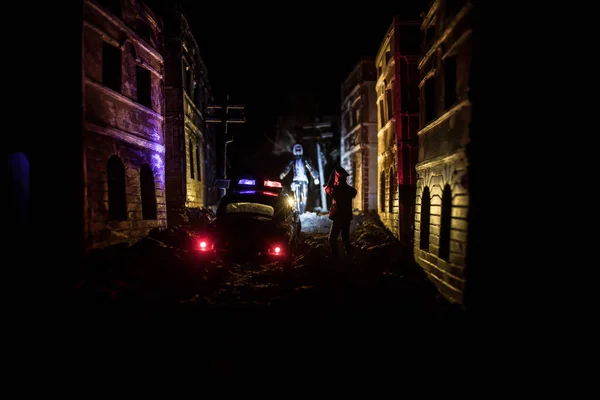 Police Raid Night You Arrest Concept Silhouette Police Car Backside — 스톡 사진