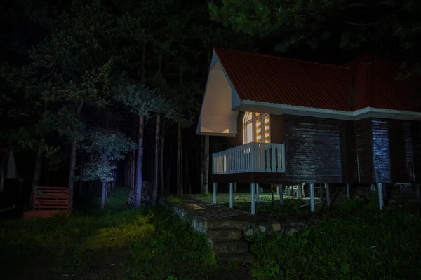 Górski Krajobraz Nocy Budynku Lesie Nocy Księżycem Lub Zabytkowym Wiejskim — Zdjęcie stockowe