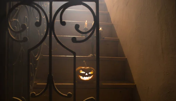 Horror Halloween Concept Creepy Abandoned Castle Old Candlestick Halloween Pumpkin — Stock Photo, Image