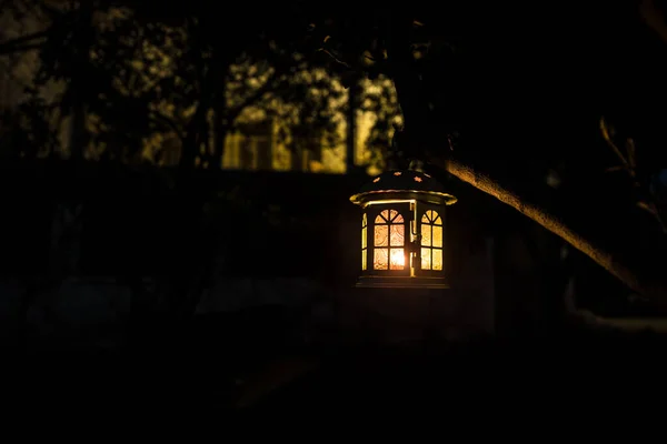 Hermosa Lámpara Iluminada Colores Jardín Noche Brumosa Linterna Estilo Retro —  Fotos de Stock