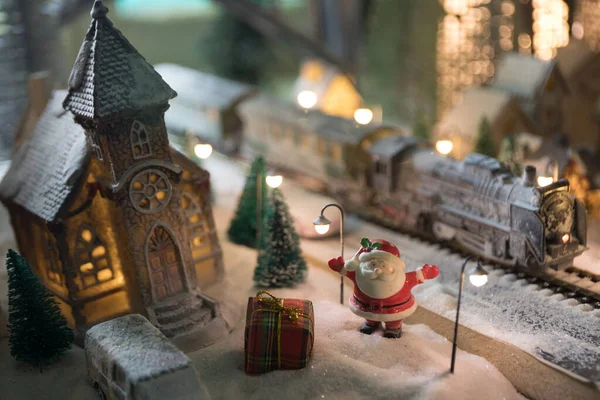 Miniatura Cena Inverno Com Casas Natal Estação Trem Árvores Cobertas — Fotografia de Stock
