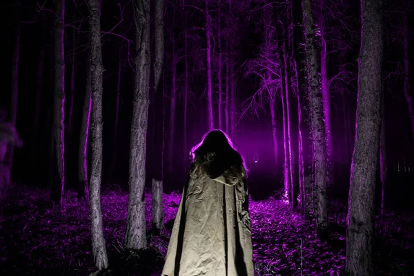 Одинокая Девушка Лесу Ночью Ужасный Хэллоуин Силуэт Женщины Темном Сосновом Стоковое Фото