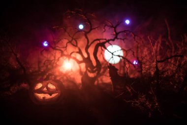 Ürkütücü karanlık manzara, sisli bir gecede bataklıktaki ağaç siluetlerini gösteriyor. Ateşin içindeki gizemli orman ve dramatik bulutlu gece gökyüzü