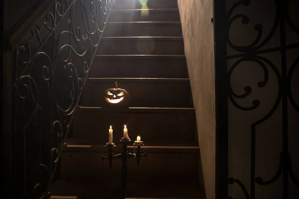 Horror Halloween Concept Creepy Abandoned Castle Old Candlestick Halloween Pumpkin — Stock Photo, Image