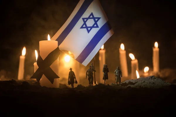 Israel Flag Burning Dark Background Candle Attack Israel Mourning Victims Stock Photo