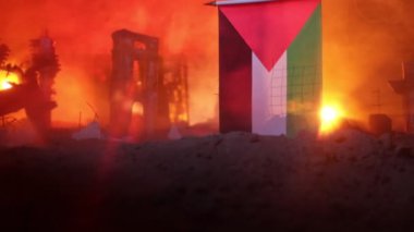 İsrail ve Filistin arasındaki anlaşmazlık. Savaş yüzünden şehri yakıp yıktı. Savaş krizi kavramı yaratıcı dekorasyon. Seçici odak