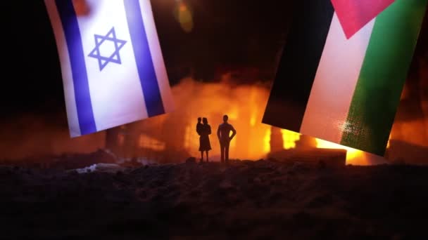 Konflikt Mellan Israel Och Palestina Brännande Och Förstörd Stad Genom — Stockvideo