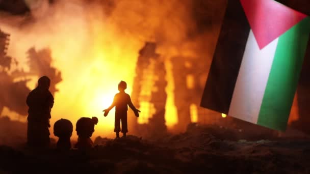 Konflikt Mellan Israel Och Palestina Brännande Och Förstörd Stad Genom — Stockvideo
