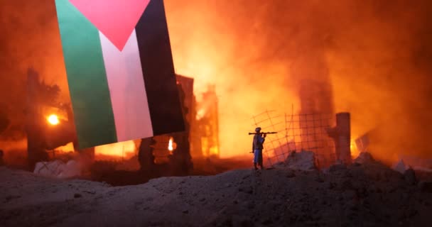Conflitto Tra Israele Palestina Bruciare Distruggere Città Dalla Guerra Concetto — Video Stock