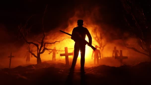 Людина Рифами Проти Нападу Зомбі Зомбі Апокаліпсис Жахливий Вид Розмитих — стокове відео