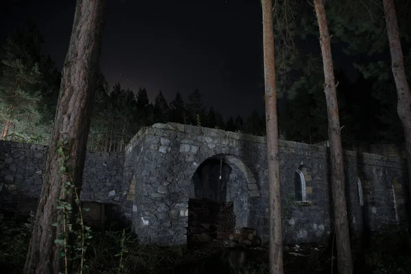 Old abandoned building in forest, Facade ruins of industrial factory. Spring long pine forest at night