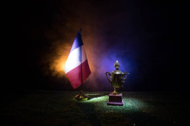 Ulusal bayrak çimlerin üzerinde. Almanya 'da düzenlenen Euro 2024 futbol turnuvasının konsept birincisi. Karanlık arka plan. Seçici odak