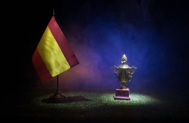 Ulusal bayrak çimlerin üzerinde. Almanya 'da düzenlenen Euro 2024 futbol turnuvasının konsept birincisi. Karanlık arka plan. Seçici odak