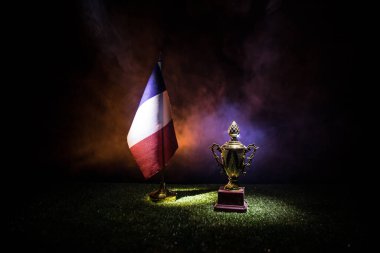 Ulusal bayrak çimlerin üzerinde. Almanya 'da düzenlenen Euro 2024 futbol turnuvasının konsept birincisi. Karanlık arka plan. Seçici odak