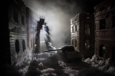 War apocalypse concept. Snow covered ruined city destroyed by war. Creative artwork decoration in dark. Selective focus