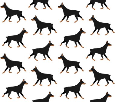 Beyaz arka planda izole edilmiş düz elle çalışan doberman köpeğinin vektörsüz deseni