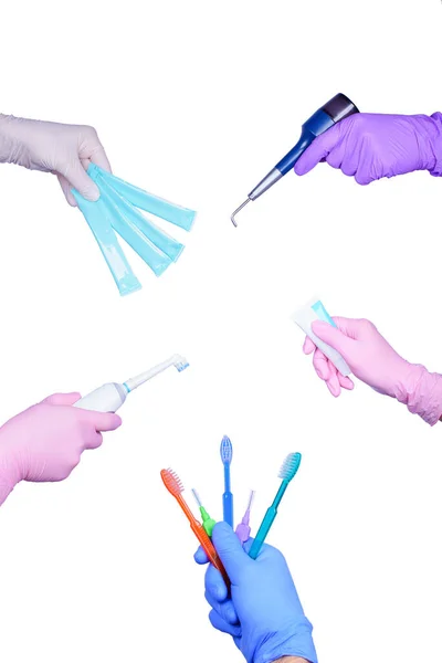 Many Hands Medical Colored Gloves Holds Tooth Brush Tooth Paste — Stock Photo, Image