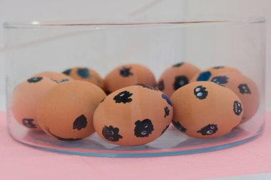 Yaratıcı asgari konsept. Yumurtaların üzerine çizilmiş şirin çizgi roman taşları. Yumurtalar bir diş hijyenisti tarafından incelenmek üzere hazırlanıyor..