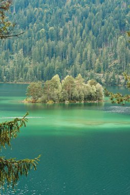 Turkuaz göl merkezinde ağaçları olan küçük güzel bir ada Eibsee, Bavyera, Almanya.