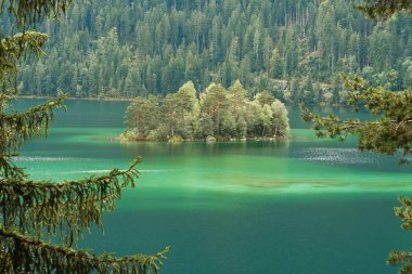 Turkuaz göl merkezinde ağaçları olan küçük güzel bir ada Eibsee, Bavyera, Almanya.