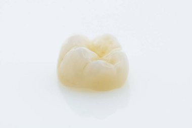 Beyaz arka planda yüksek kaliteli zirkon dişçi kaplaması. Diş seramik kaplaması kalifiye diş laboratuvarı