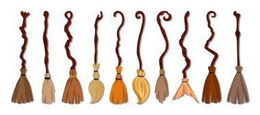 Bir cadı süpürgesi seti. Cadılar Bayramı için ağaçtan süpürge sapı koleksiyonu. Örümcek ağını temizlemek için ekipman. Korkunç aksesuar ögelerinin vektör illüstrasyonu.