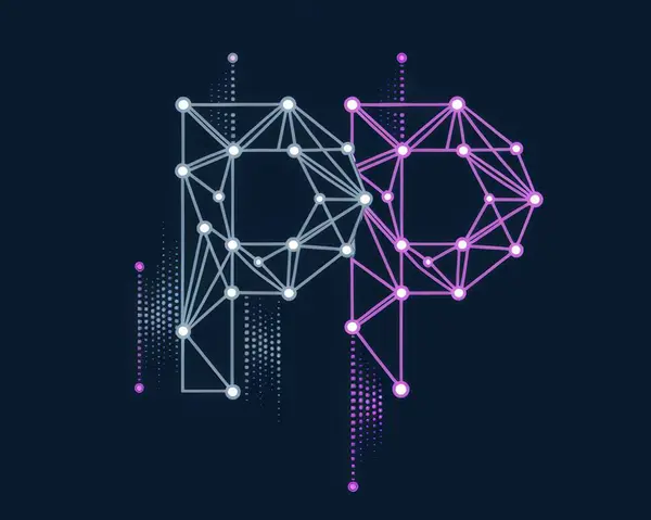 Birbirine bağlı düğümler ve çizgiler tarafından oluşturulan 'PP' logosu, teknoloji, ağ oluşturma ve veri akışı temaları çağrıştırıyor. Mor ve mavilerden oluşan serin renk paleti modern ve sofistike bir his yaratır. Teknoloji, iletişim ve kurumsal markalaşma için ideal.