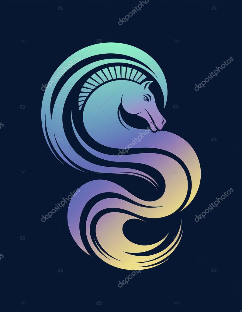 A stylized horse head elegantly integrated within swirling, gradient-colored abstract shapes. The design evokes a sense of grace, power, and mystery, ideal for brands seeking a unique and artistic logo or graphic element. Perfect for apparel, brandin