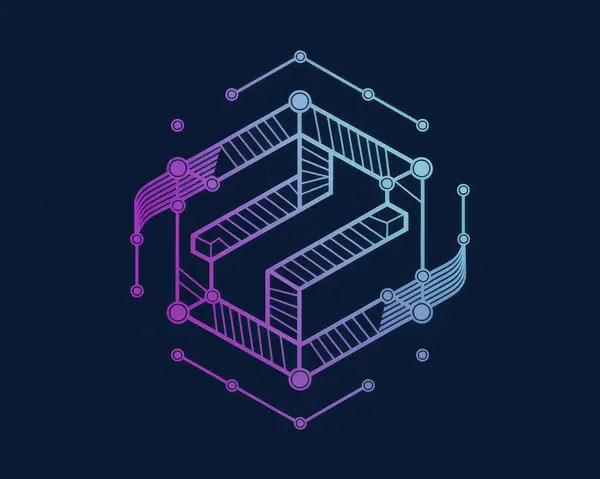 Devre benzeri elementlere sahip altıgen bir ağın stilize çizimi. Mor ve mavilerden oluşan havalı bir renk paleti modern, fütüristik ve biraz da mistik bir hava yaratıyor. Teknoloji, ağ, yapay zeka ve dijital kavramlar için ideal.