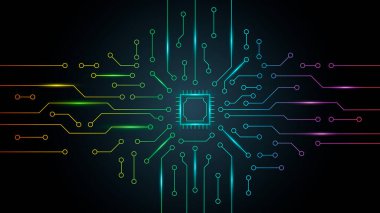 Microchip processor with circuit board pattern for technology background. clipart
