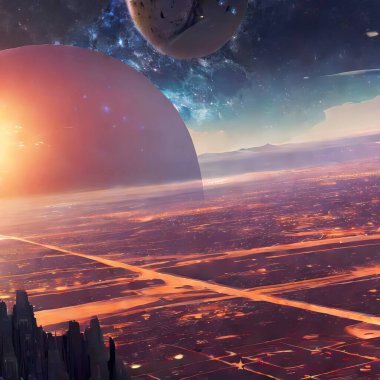 Uzay ve gezegen arkaplanı. Gezegenler karanlık uzayda kraterler, yıldızlar ve kuyruklu yıldızlarla yüzeye çıkar. İllüzyon. Gezegen ve uyduyla uzay gökyüzü.