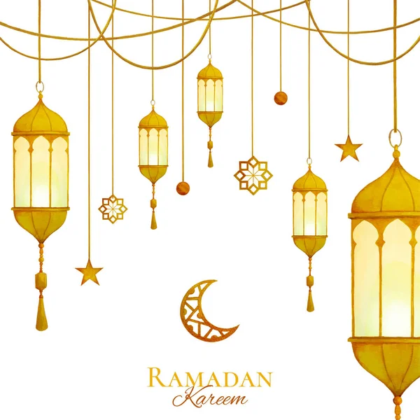 Ramadan Kareem Ευχετήρια Κάρτα Σχεδιασμού Ακουαρέλα Κρέμονται Φανάρια Και Ισλαμικό — Διανυσματικό Αρχείο
