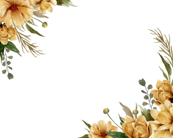 Watercolor golden flowers border illustration.