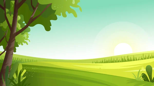 Paysage Prairies Verdoyantes Avec Lever Soleil Horizon Illustration Vectorielle Paysages — Image vectorielle